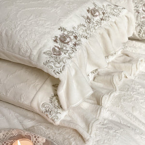 VILZSTUDIOS mauve-lavender, ivory cream or sage green bedding set with raised damask, embroidered cream borders and ruffle trim