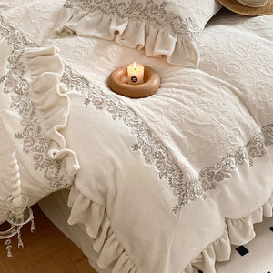 VILZSTUDIOS mauve-lavender, ivory cream or sage green bedding set with raised damask, embroidered cream borders and ruffle trim