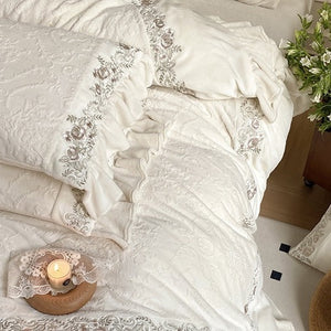 VILZSTUDIOS mauve-lavender, ivory cream or sage green bedding set with raised damask, embroidered cream borders and ruffle trim