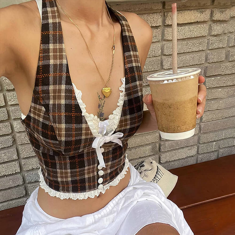 VILZSTUDIOS Plaid halter top with lace trim and ribbon bow