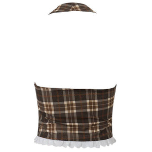 VILZSTUDIOS Plaid halter top with lace trim and ribbon bow