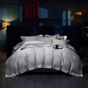 VILZSTUDIOS blush pink, silver gray or champagne gold jacquard duvet cover set with wide satin borders