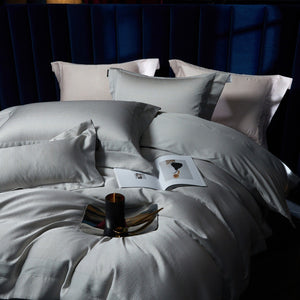 VILZSTUDIOS blush pink, silver gray or champagne gold jacquard duvet cover set with wide satin borders
