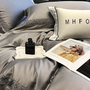 VILZSTUDIOS solid color satin bedding set with openwork lattice borders and flanged edges