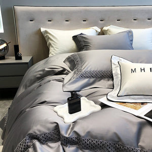 VILZSTUDIOS solid color satin bedding set with openwork lattice borders and flanged edges