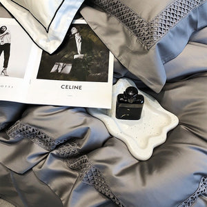 VILZSTUDIOS solid color satin bedding set with openwork lattice borders and flanged edges