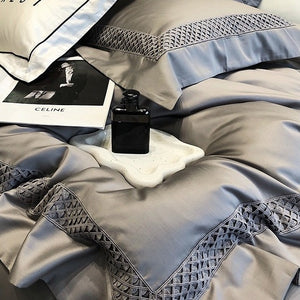 VILZSTUDIOS solid color satin bedding set with openwork lattice borders and flanged edges