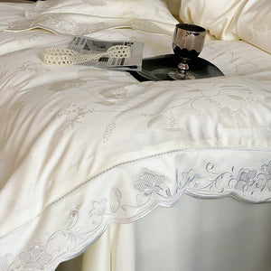 VILZSTUDIOS ivory cream, powder blue or blush pink floral jacquard duvet cover set with scalloped embroidered edges