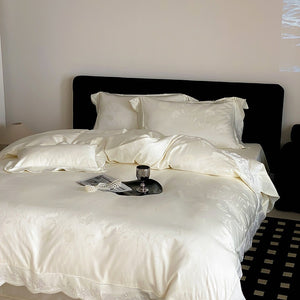 VILZSTUDIOS ivory cream, powder blue or blush pink floral jacquard duvet cover set with scalloped embroidered edges