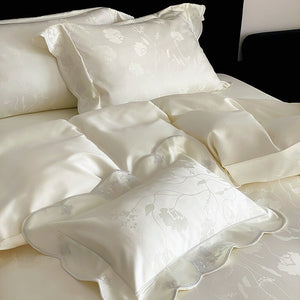 VILZSTUDIOS ivory cream, powder blue or blush pink floral jacquard duvet cover set with scalloped embroidered edges