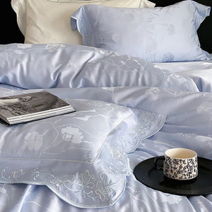 VILZSTUDIOS ivory cream, powder blue or blush pink floral jacquard duvet cover set with scalloped embroidered edges