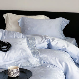 VILZSTUDIOS ivory cream, powder blue or blush pink floral jacquard duvet cover set with scalloped embroidered edges