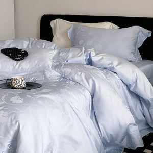 VILZSTUDIOS ivory cream, powder blue or blush pink floral jacquard duvet cover set with scalloped embroidered edges