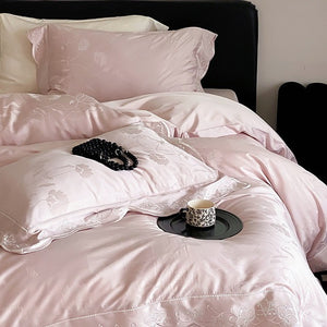 VILZSTUDIOS ivory cream, powder blue or blush pink floral jacquard duvet cover set with scalloped embroidered edges