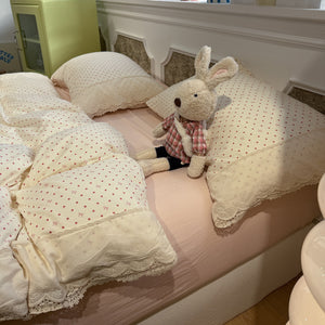 VILZSTUDIOS navy, cream and pastel bedding set with floral or bow-dot patterns and scalloped cream-white lace trim