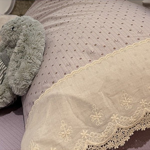 VILZSTUDIOS navy, cream and pastel bedding set with floral or bow-dot patterns and scalloped cream-white lace trim