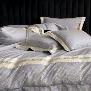 VILZSTUDIOS grey-blue, champagne beige, or blush pink satin bedding set with fan-pattern borders and scrollwork embroidery