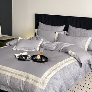 VILZSTUDIOS grey-blue, champagne beige, or blush pink satin bedding set with fan-pattern borders and scrollwork embroidery