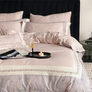 VILZSTUDIOS grey-blue, champagne beige, or blush pink satin bedding set with fan-pattern borders and scrollwork embroidery