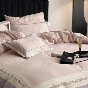 VILZSTUDIOS grey-blue, champagne beige, or blush pink satin bedding set with fan-pattern borders and scrollwork embroidery
