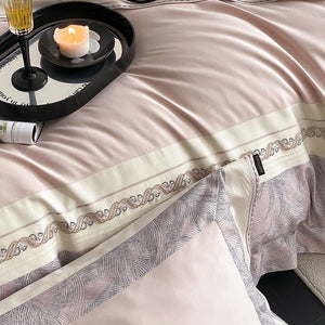 VILZSTUDIOS grey-blue, champagne beige, or blush pink satin bedding set with fan-pattern borders and scrollwork embroidery