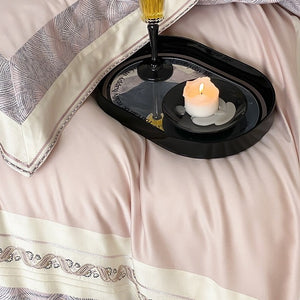 VILZSTUDIOS grey-blue, champagne beige, or blush pink satin bedding set with fan-pattern borders and scrollwork embroidery