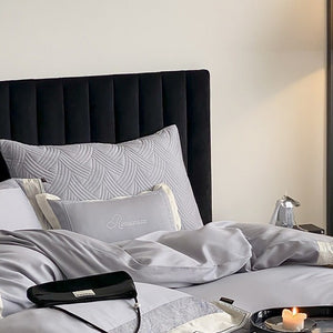VILZSTUDIOS grey-blue, champagne beige, or blush pink satin bedding set with fan-pattern borders and scrollwork embroidery