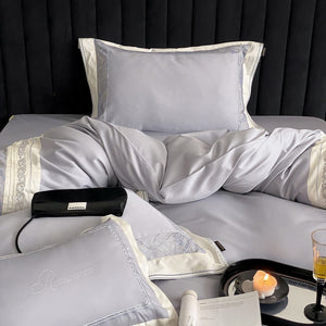 VILZSTUDIOS grey-blue, champagne beige, or blush pink satin bedding set with fan-pattern borders and scrollwork embroidery