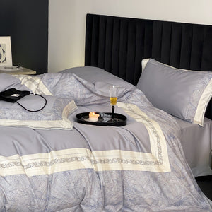 VILZSTUDIOS grey-blue, champagne beige, or blush pink satin bedding set with fan-pattern borders and scrollwork embroidery