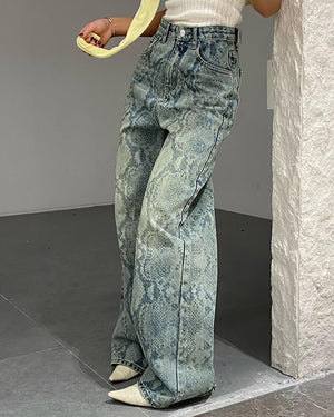 VILZSTUDIOS Stylish snake print straight leg denim jeans