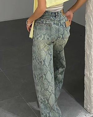 VILZSTUDIOS Stylish snake print straight leg denim jeans