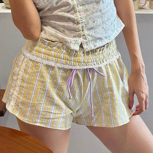 VILZSTUDIOS Soft Pastel Striped Ruffle Waist Shorts product image