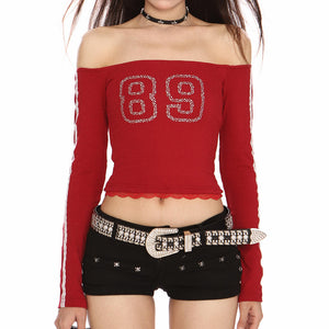 VILZSTUDIOS Rhinestone embellished off-shoulder top with sporty design