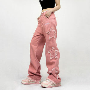 VILZSTUDIOS Trendy star patch wide leg jeans for streetwear fashion