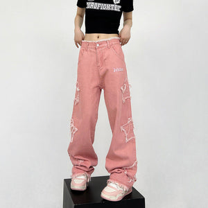 VILZSTUDIOS Trendy star patch wide leg jeans for streetwear fashion