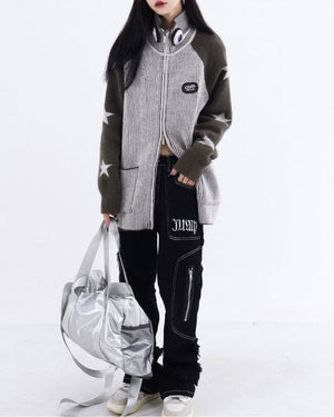 VILZSTUDIOS Trendy zip-up sweater with ribbed knit and star design