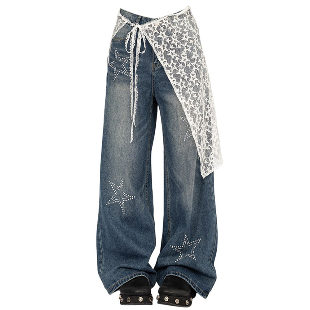 VILZSTUDIOS Wide leg denim jeans with rhinestone star embellishments