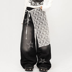 VILZSTUDIOS Wide leg denim jeans with rhinestone star embellishments