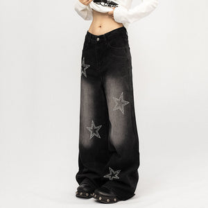 VILZSTUDIOS Wide leg denim jeans with rhinestone star embellishments