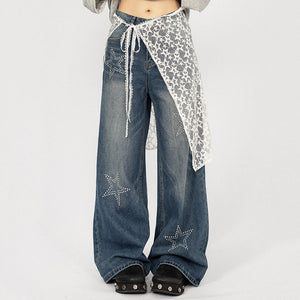 VILZSTUDIOS Wide leg denim jeans with rhinestone star embellishments
