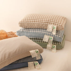 VILZSTUDIOS Tan striped, denim blue striped, or tan gingham bed pillow with matching piping
