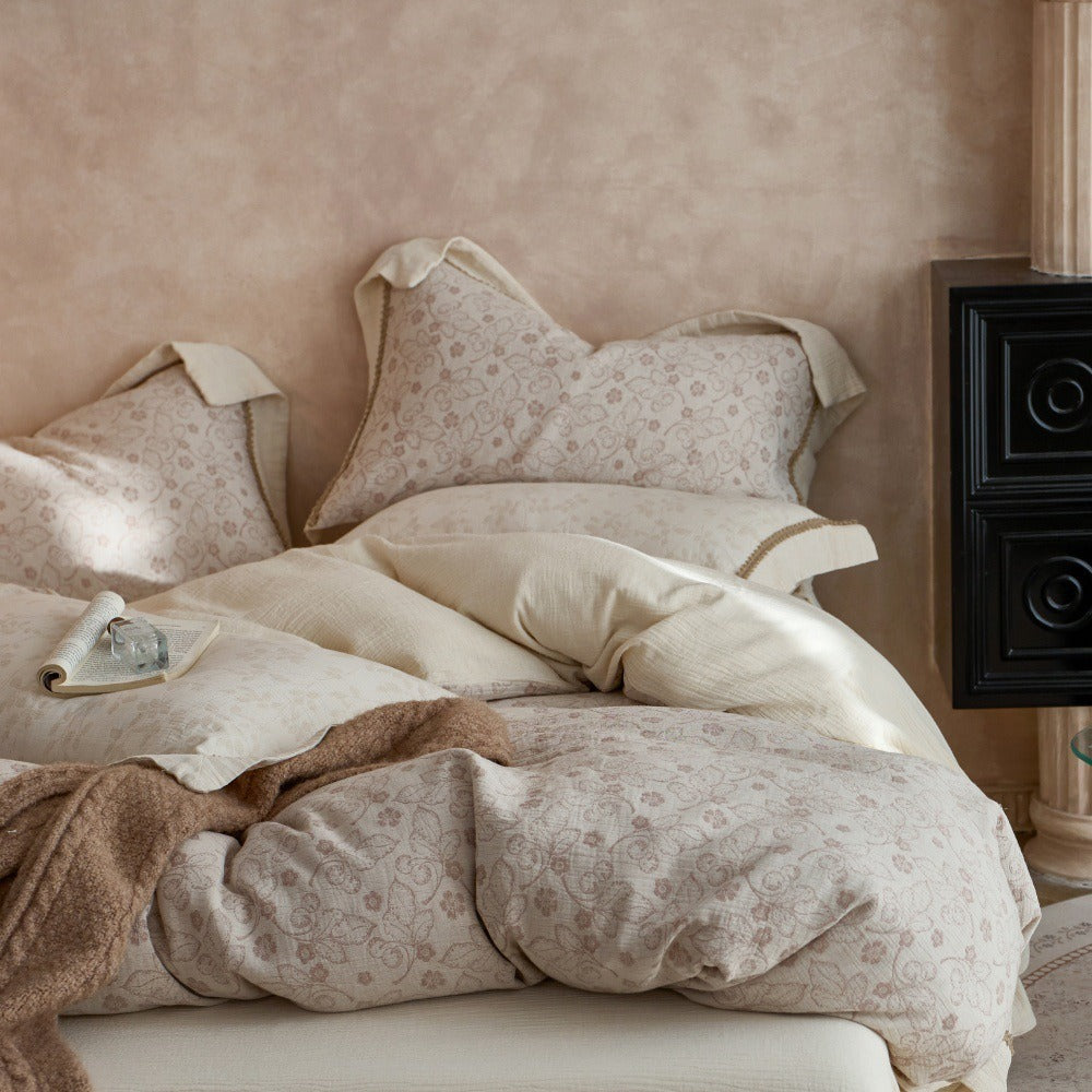 Taupe Floral Braided Trim Bedding Set