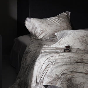 VILZSTUDIOS taupe and charcoal-gray marbled satin bedding set with wide flanged borders