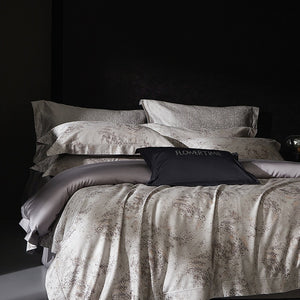VILZSTUDIOS taupe and charcoal-gray marbled satin bedding set with wide flanged borders