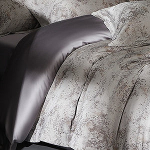 VILZSTUDIOS taupe and charcoal-gray marbled satin bedding set with wide flanged borders