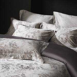 VILZSTUDIOS taupe and charcoal-gray marbled satin bedding set with wide flanged borders
