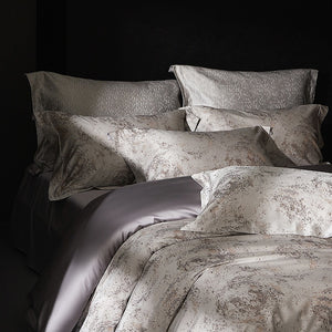 VILZSTUDIOS taupe and charcoal-gray marbled satin bedding set with wide flanged borders