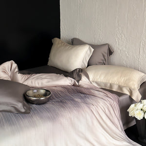 VILZSTUDIOS taupe-grey and ivory ombré satin duvet cover set with subtle ripple patterning and flanged borders