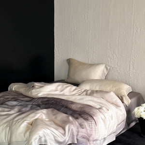 VILZSTUDIOS taupe-grey and ivory ombré satin duvet cover set with subtle ripple patterning and flanged borders