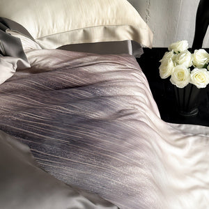 VILZSTUDIOS taupe-grey and ivory ombré satin duvet cover set with subtle ripple patterning and flanged borders